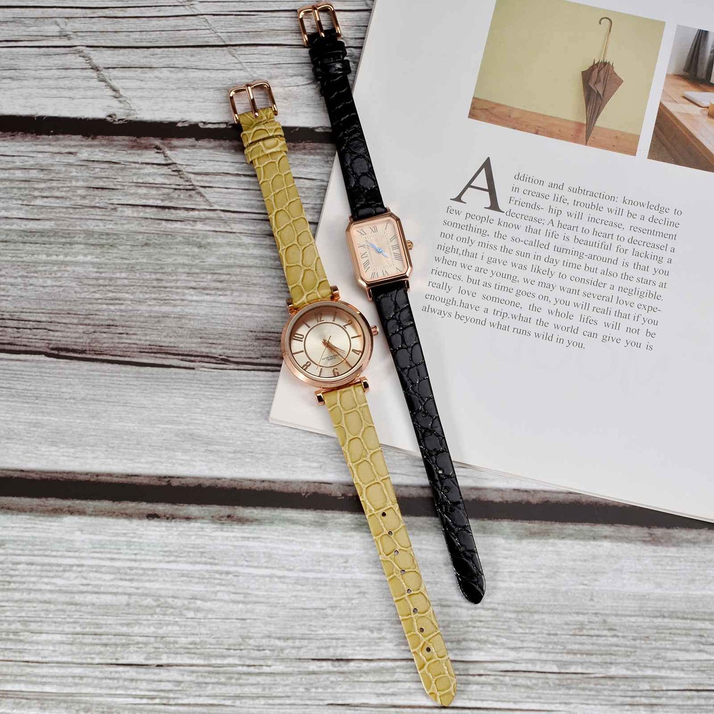 BISONSTRAP Watch Straps for Women, Crocodile Pattern Leather Thin Watch Replacement Bands,8mm, Black with Gold Buckle