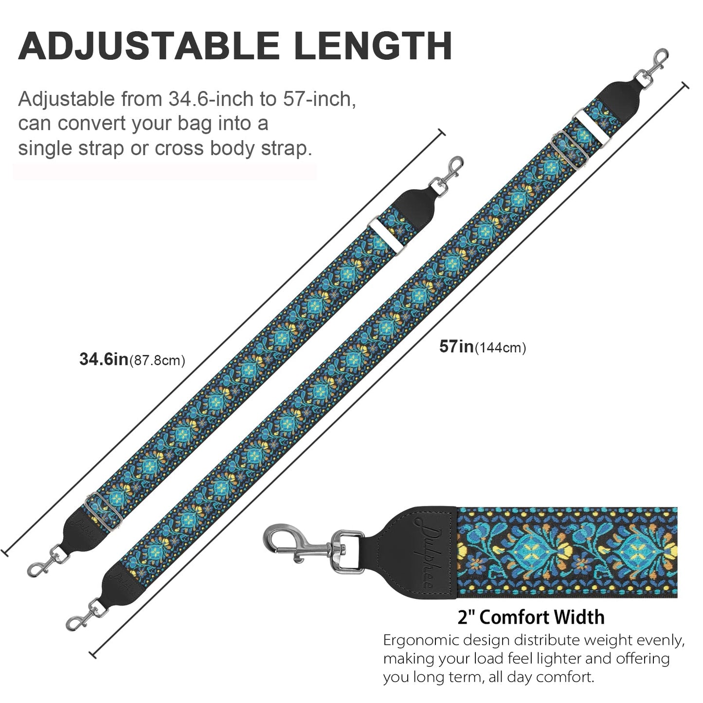 Dulphee Purse Strap, Jacquard Embroidered 2" Wide Soft Cotton & Leather Ends Purse Straps Replacement Crossbody Bag Straps (Jacquard Teal Blue)