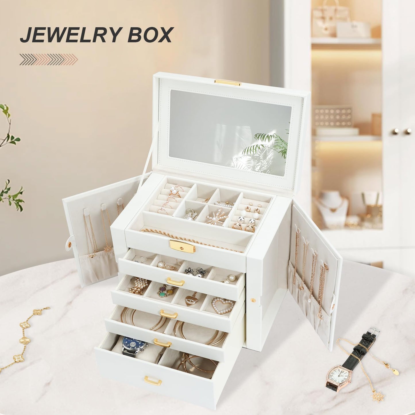 V-LAFUY Jewelry Holder Organizer, Large Jewelry Boxes for Women, 5 Layers 4 Drawers Jewelry Box with Handle Jewelry Organizer for Earrings Rings Necklaces Bracelets, White