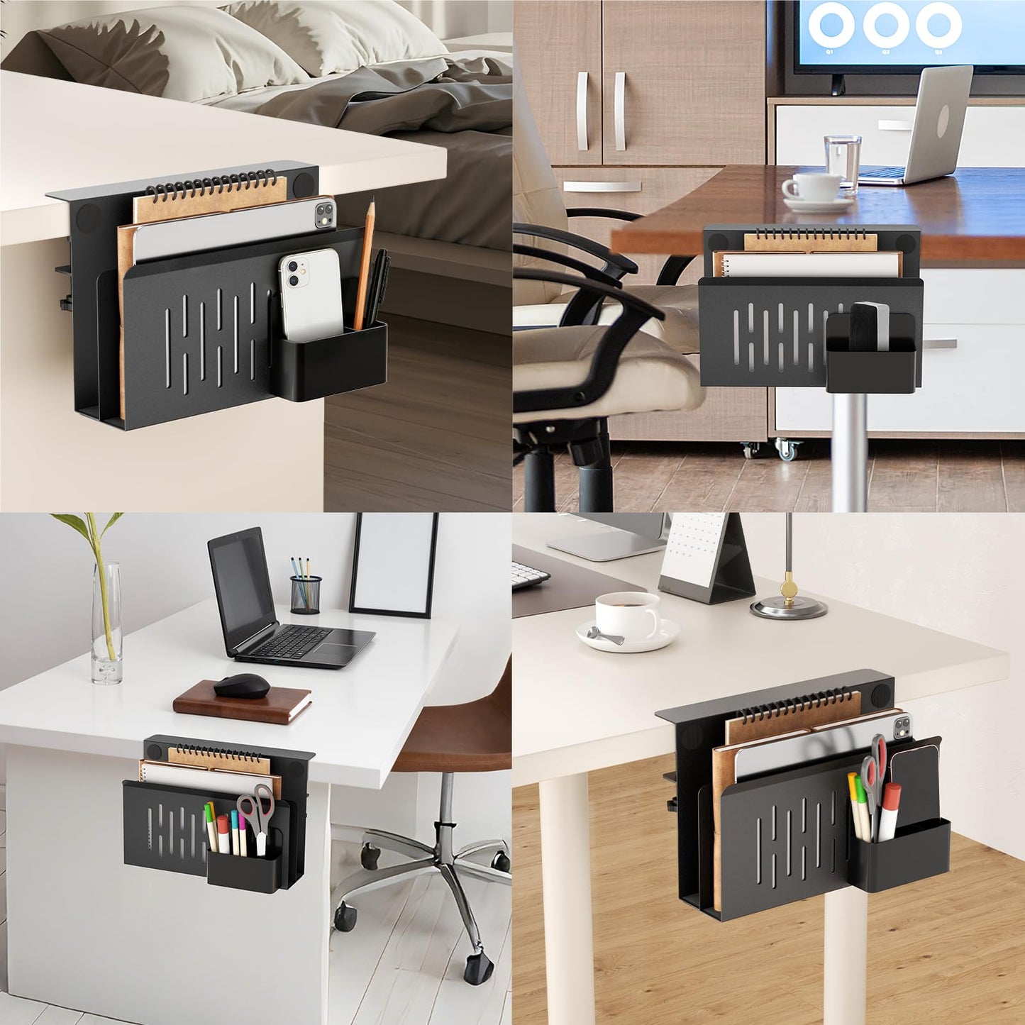 Onemake Desk Side Storage, 2-Tier No Drill Laptop Holder, Clamp on Desks Shelf with Magnetic Pen Holder, Hanging Desk Organizer for Home Office, Fits Flat Edge Tables 0.4" to 2.3"