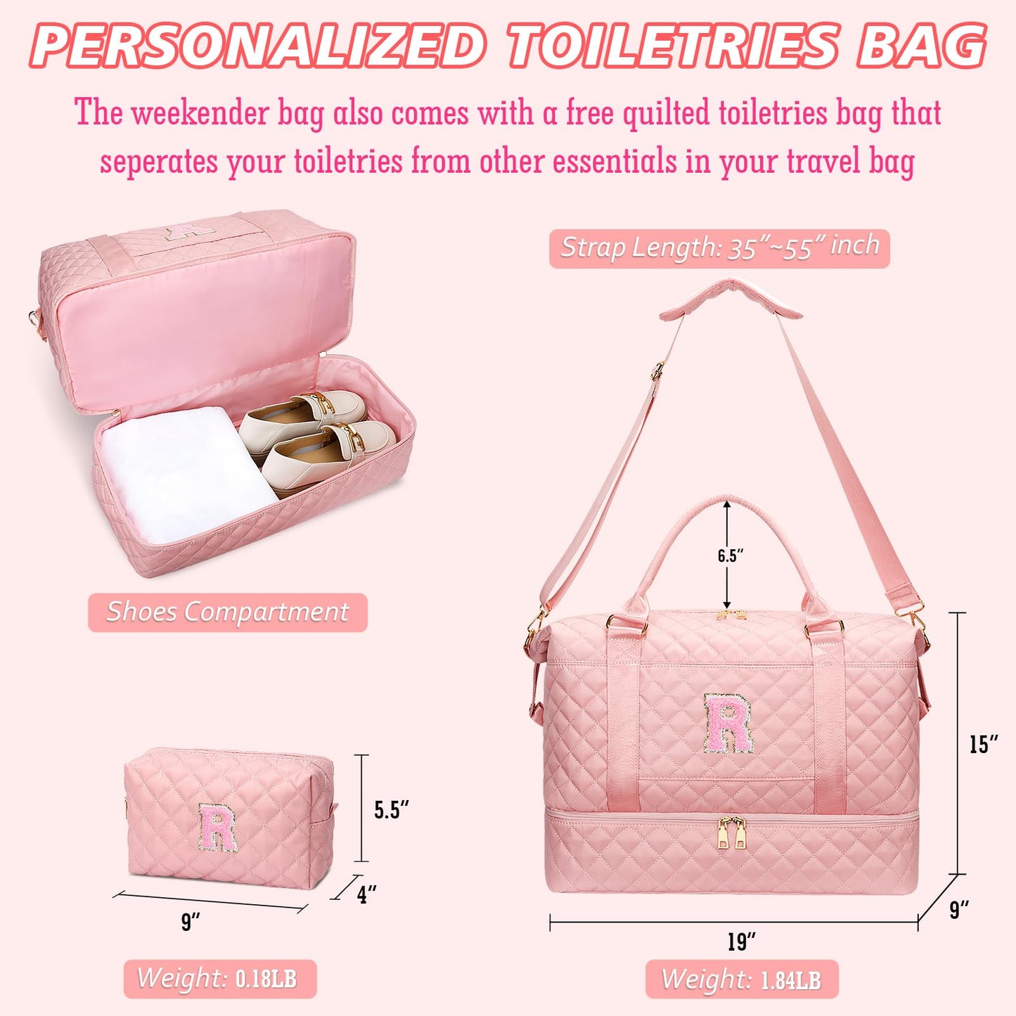 Gifts for Women Teen Girls Birthday Initial Travel Duffle Bag Quilted Weekender Bags Carry-On Overnight with Cosmetic Bag, Gym Bag with Shoe Compartment, Pink-R
