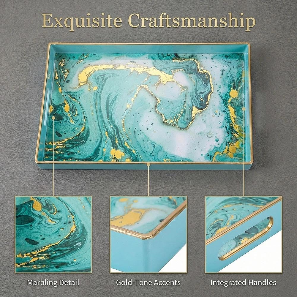 Zosenley Decorative Tray, Marbling Plastic Tray with Handles, Rectangular Vanity Tray and Serving Tray for Bathroom, Kitchen, Ottoman and Coffee Table, 15.6" x 10.2" (Golden Blue)