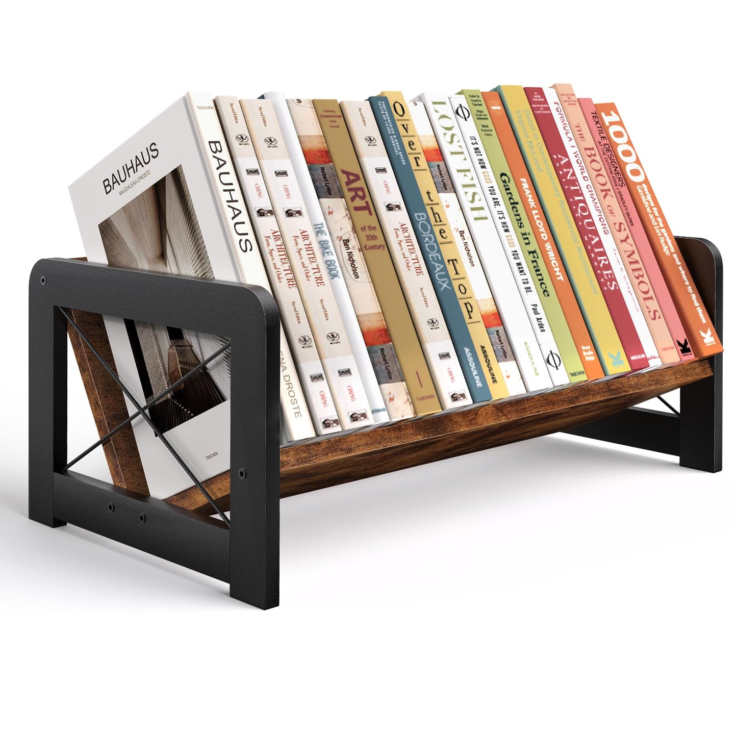 ELITEROO Desktop Bookshelf Organizer, Wood Slanted Desk Bookshelf, Small Tabletop Book Rack, Portable Mini Bookcase for Book Display, Cookbooks, Kids Reading, Office & Home Storage, Rustic Brown