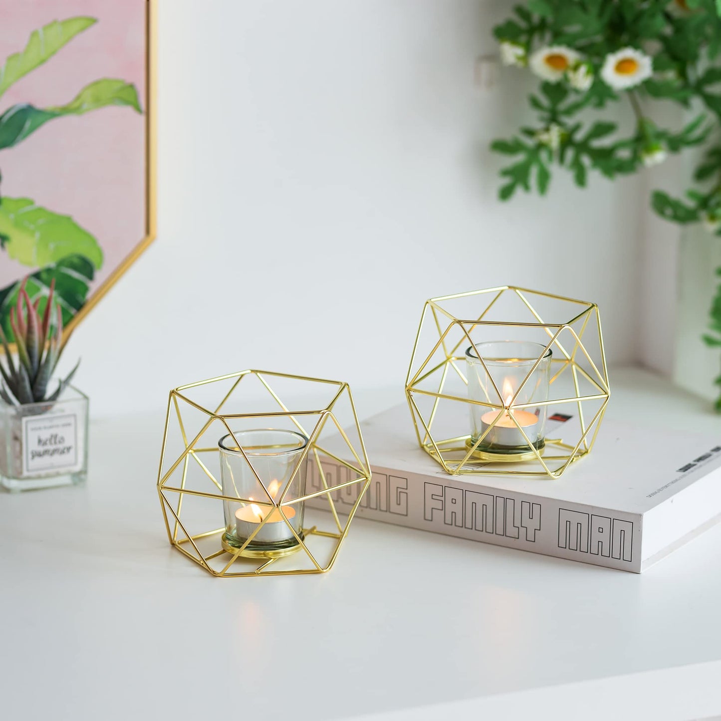 Geometric Tealight Candle Holders Gold - Votive Candle Stand Accents for Tea Light Decorative for Home Table Shelf Mantel Modern Geo Decoration Christmas Wedding Reception Décor, Gold, 6pcs