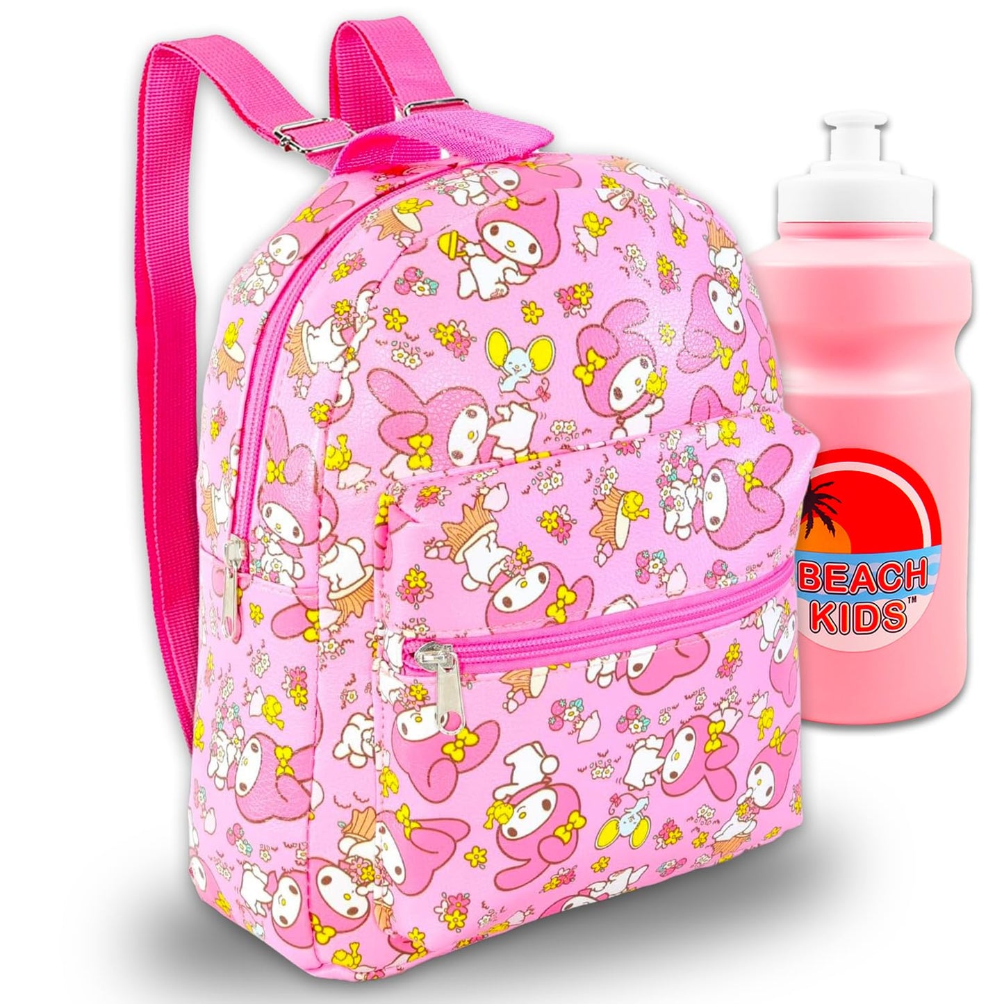 My Melody Mini Backpack Set - Bundle of 10” Faux Leather Bag, Water Bottle | Sanrio School Supplies
