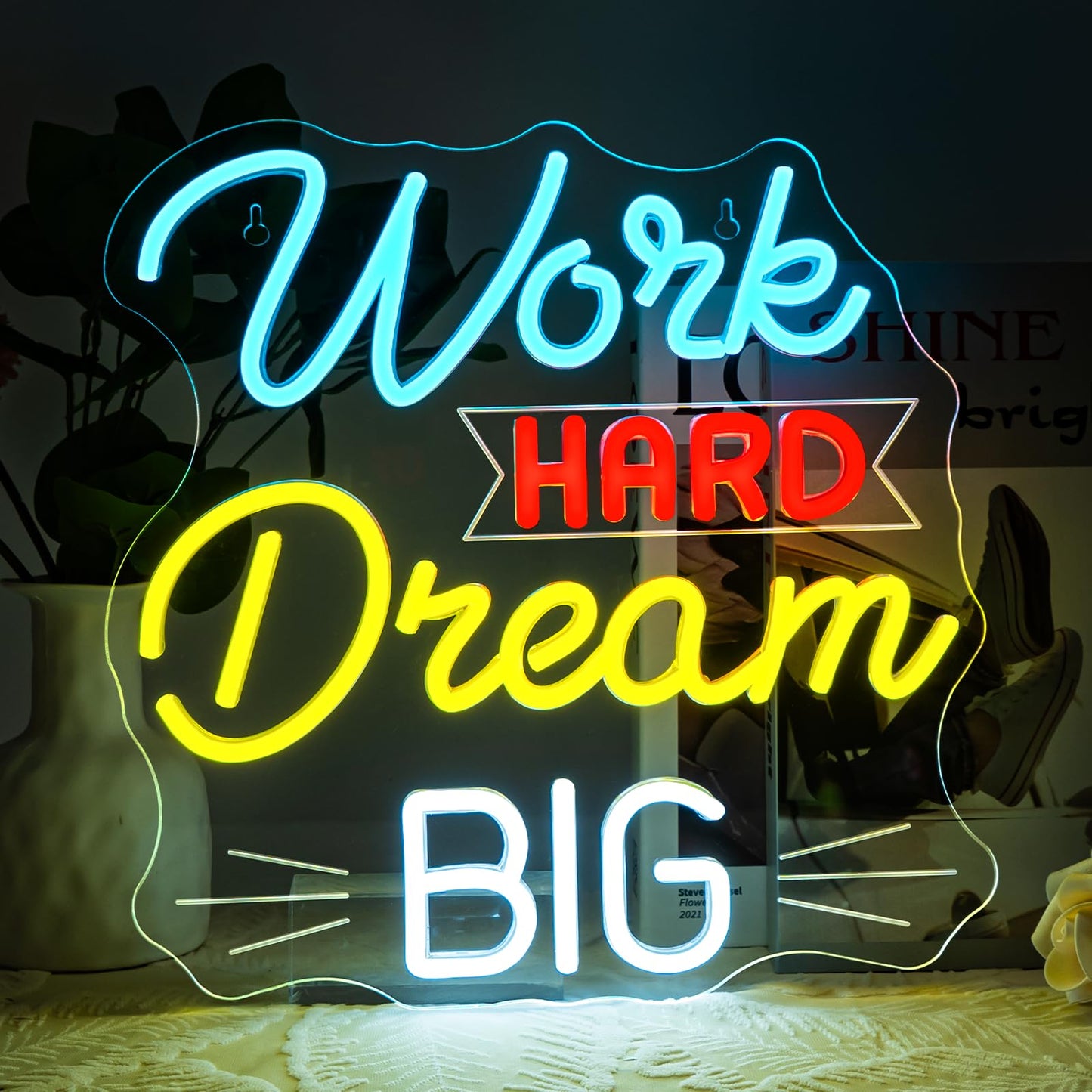 NOSUN Work Hard Dream Big Neon Sign Inspirational slogan personal studio LED Sign Wall Decor Adjustable Brightness Neon Signs USB Connect Neon Light for Bedroom Home Bar Club Hotel Party Decor