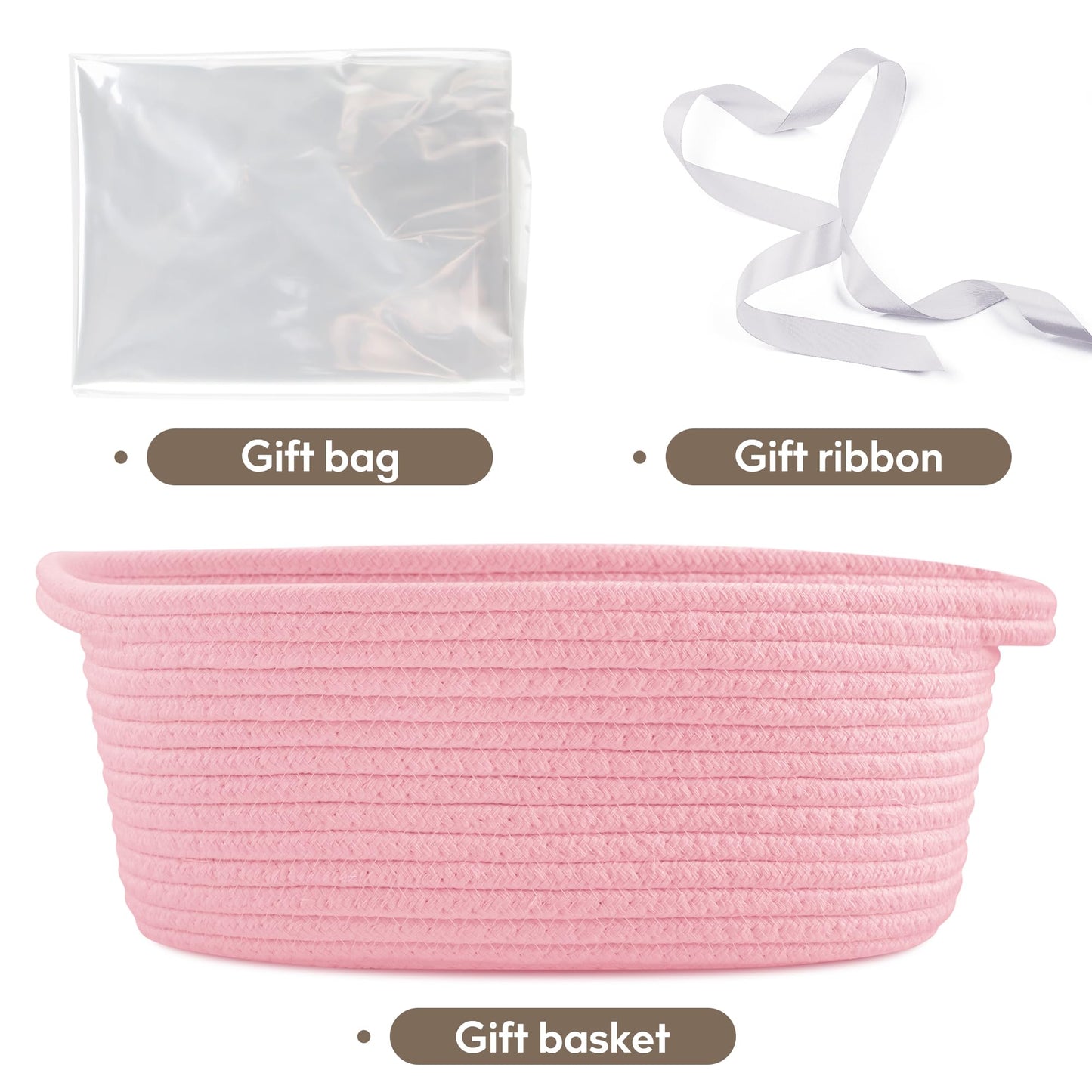 Pro Goleem Small Woven Basket with Gift Bags and Ribbons Durable Baskets for Gifts Empty Small Rope Basket for Storage 12"X 8" X 5" Baby Toy Basket with Handles, Pink