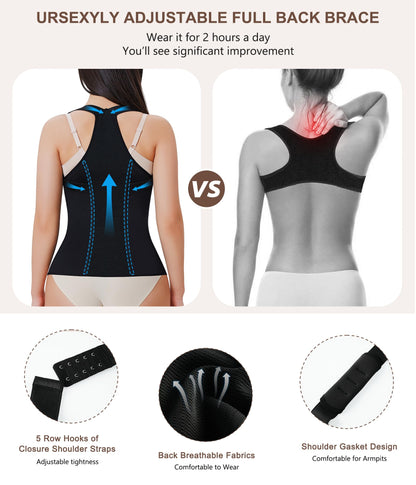 URSEXYLY Back Brace Posture Corrector for Women Adjustable Full Back Support Shoulder Straightener Upper and Lower Back Pain Relief(Black,3XL)