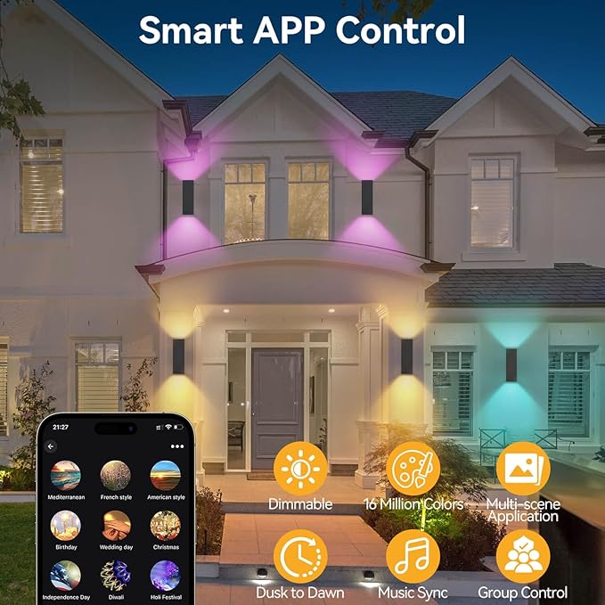 Outdoor Wall Lights, RGBCW Smart Porch Lights Modern Dusk to Dawn Outdoor Light Fixture Color Changing Light with Remote Control, Waterproof Sconce Compatible with Alexa Google Assistant