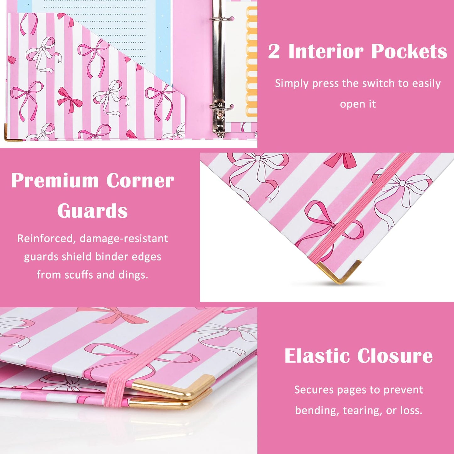 1 Inch 3 Ring Binder with Clipboard, Cute Binder Pink Bow Design, Holds 200 Sheets A4 Letter, Inside Pockets & 5 Tab Dividers, Pretty Classic Pink Binder for School Office Supplies(Pink Striped Bow)