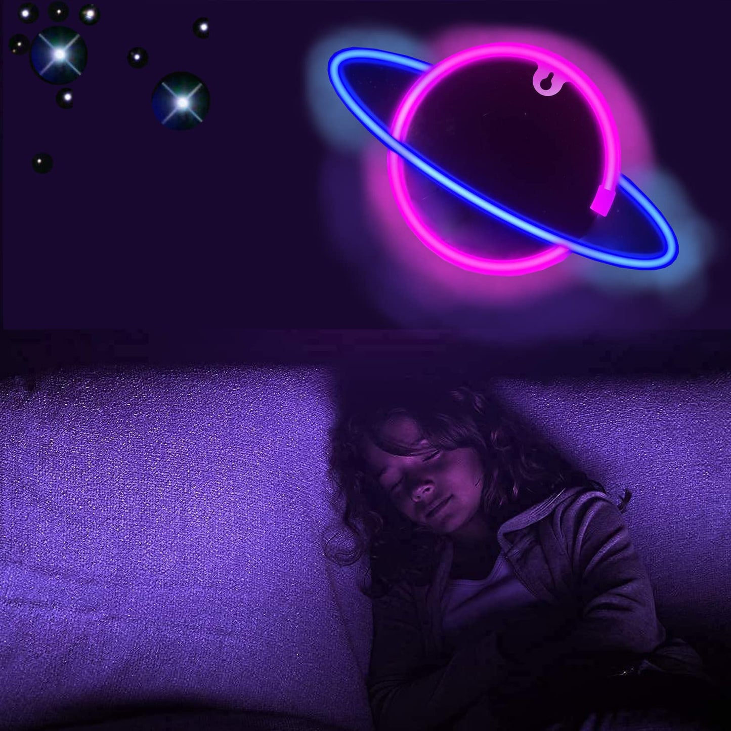 YouokLight planet neon signs for wall decor, LED neon light wall mount USB or battery powered planet light, aesthetic hanging Saturn, planet neon lights for bedroom, game room, pink and blue