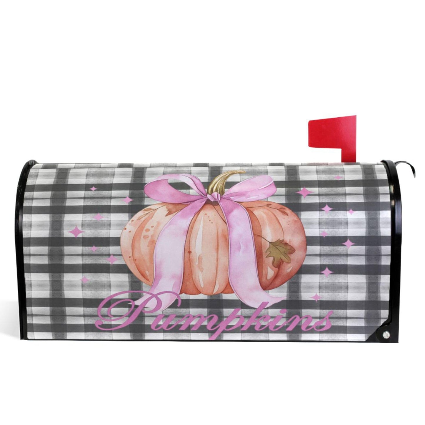 Wamika Pumpkin Pink Bow Magnetic Mailbox Covers Bowknot Fall Buffalo Plaid Mailbox Cover Over Size Full Magnet Garden Yard Porch Mail Boxes Cover Holiday Decorations 25" L x 21" W