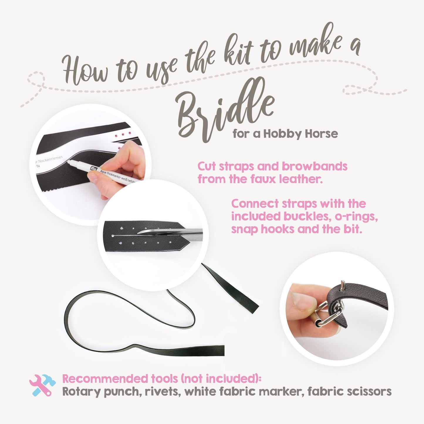 kullaloo DIY Hobby Horse Bridle Kit ✦ Make a Beautiful Leather Bridle with Reins for Your Stick Horse ✦ Includes Digital Instructions (PDF) ✦ Black/Silver
