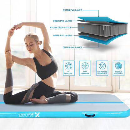 InflatoX Inflatable Air Gymnastics Mat Training mat Thick tumbling mat with Electric Pump for Home/Gym/Outdoor (Blue/Blue, 13.12ft*3.3ft*4in(4 * 1 * 0.1M))