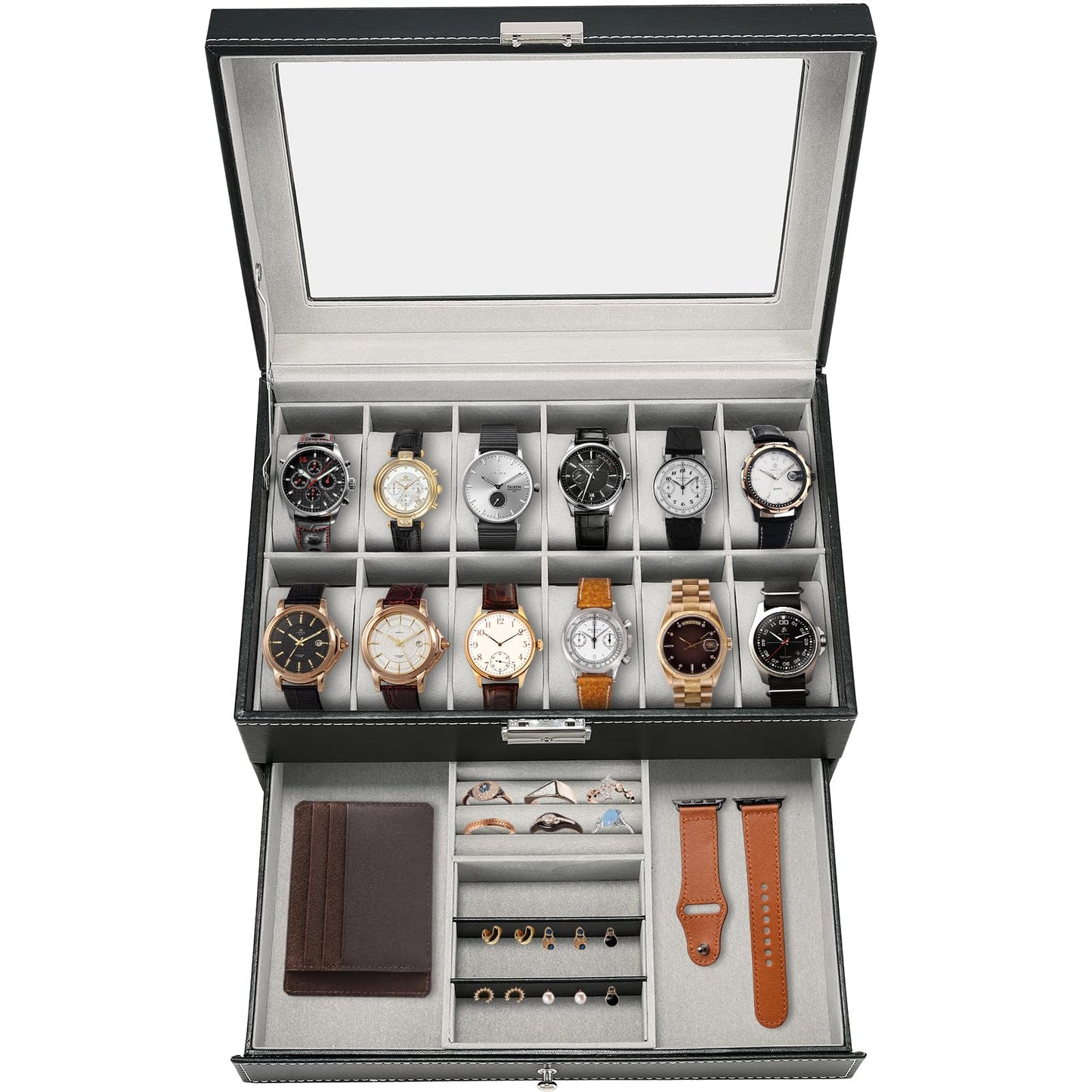 AMGSH 12 Slot PU Leather Lockable Watch Storage Boxes | 2-Tier Organizer Watch Showcase,Men & Women Jewelry Display Drawer Case Display Earrings Storage Organizer