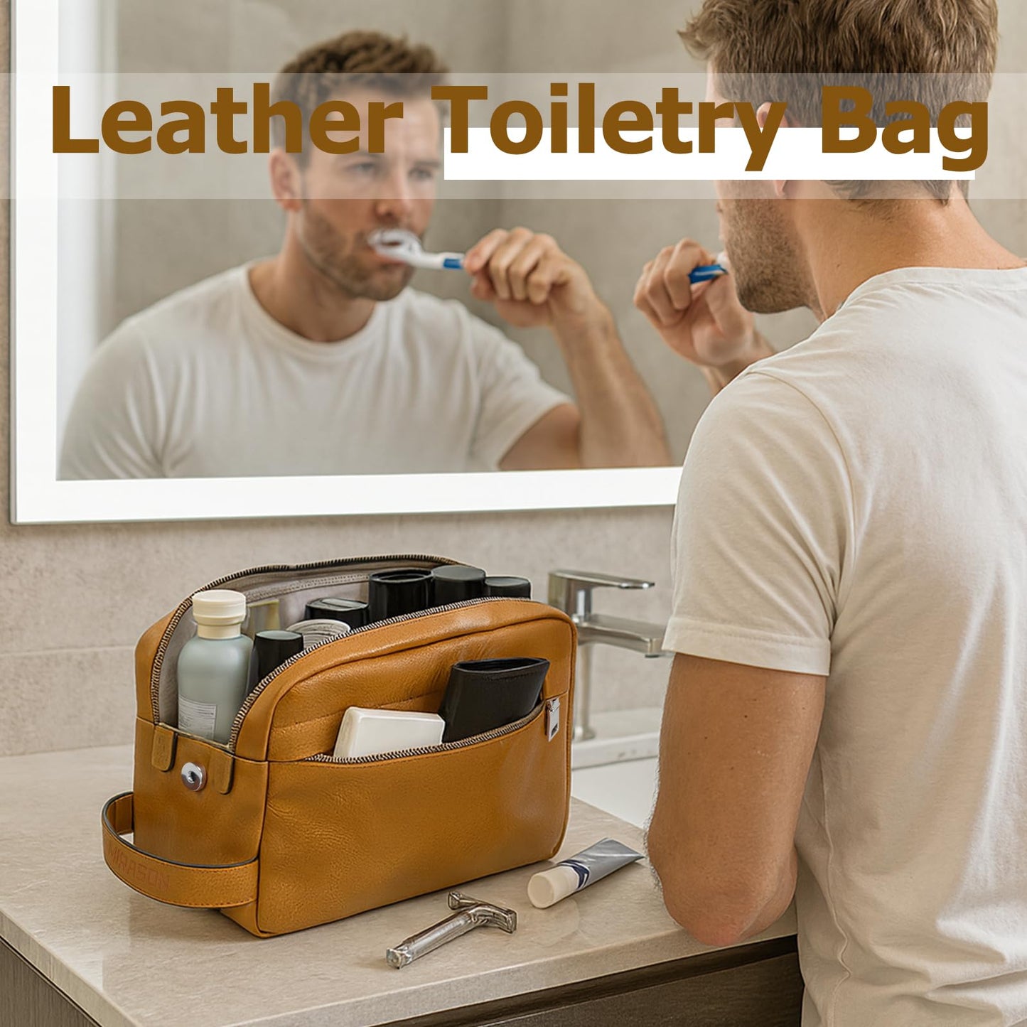 MIRASON Toiletry Bag for Men Leather Travel Toiletry Bag Dopp Kit with Metal Zippers, Water-Resistant Bathroom Bag for Travel Essentials Shaving Bag Gifts for Men, Brown