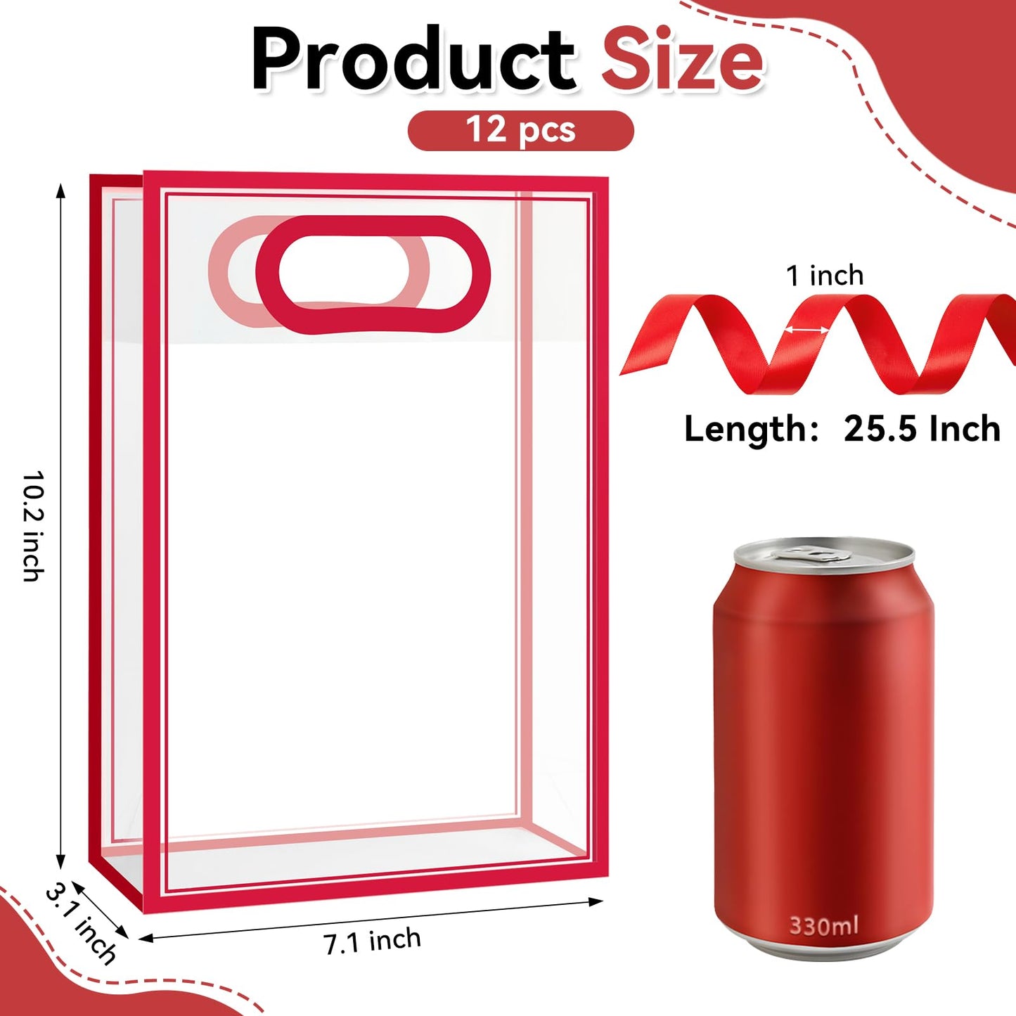 Ohuimrt Clear Plastic Gift Bags with Handles, 12 Pack, Red
