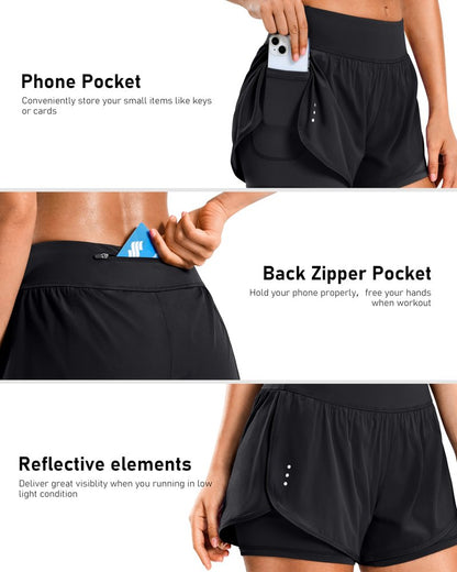 Soothfeel Women's Running Shorts with Zipper Pocket 2 in 1 High Wasited Workout Athletic Gym Yoga Spandex Shorts for Women