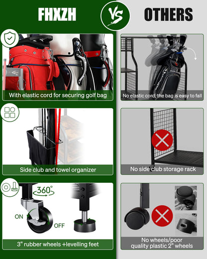 FHXZH Golf Bags Storage Garage Organizer Golf Bag Stand for Golf Bags, Clubs, Balls, Golf Equipment Accessories, Golf Bag Storage Rack with Wheels for Garage, Club, Basement (3 Golf Bag Organizer)