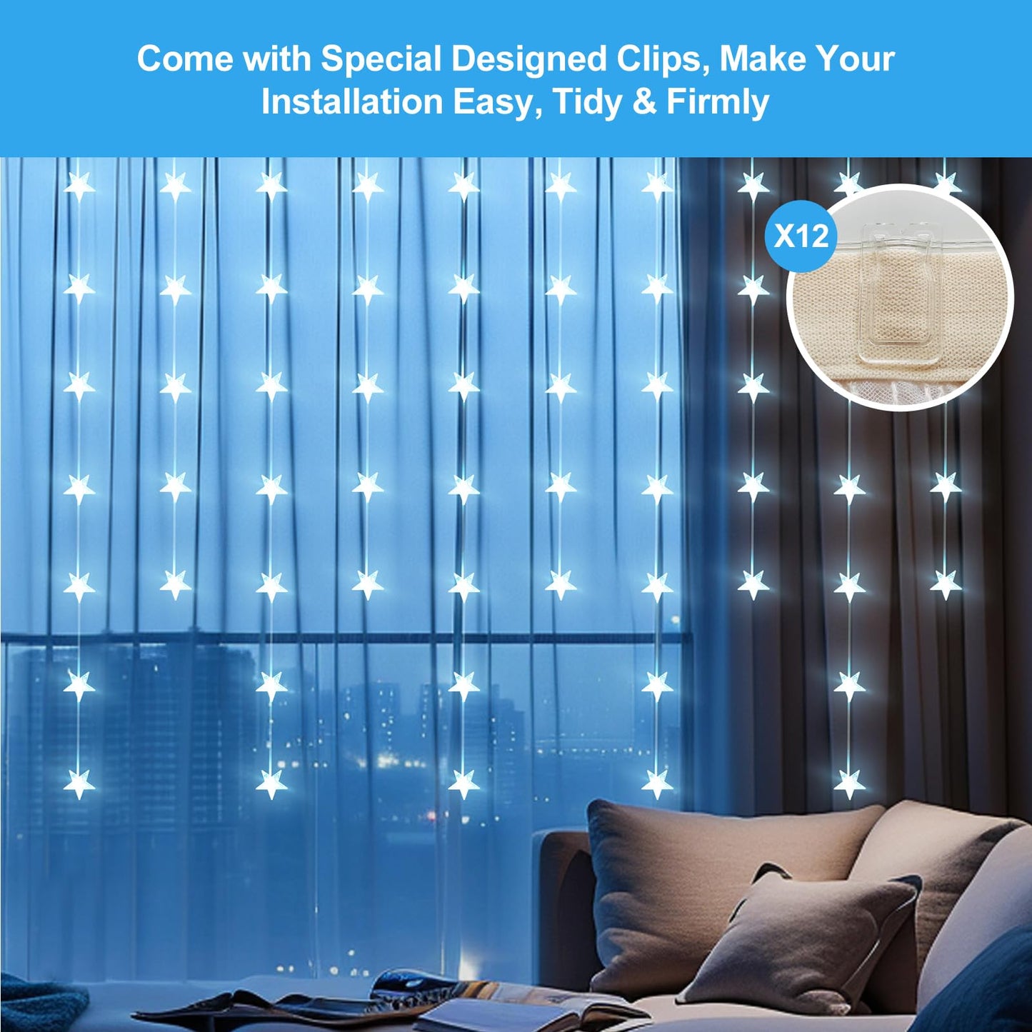 Star Curtain Lights Hanging Star Lights for Window 70 Stars String Light for Wall Décor USB Plug in 8 Modes Twinkle Fairy Lights for Christmas, Bedroom, Indoor, Outdoor, Weddings, Party (Cold White)