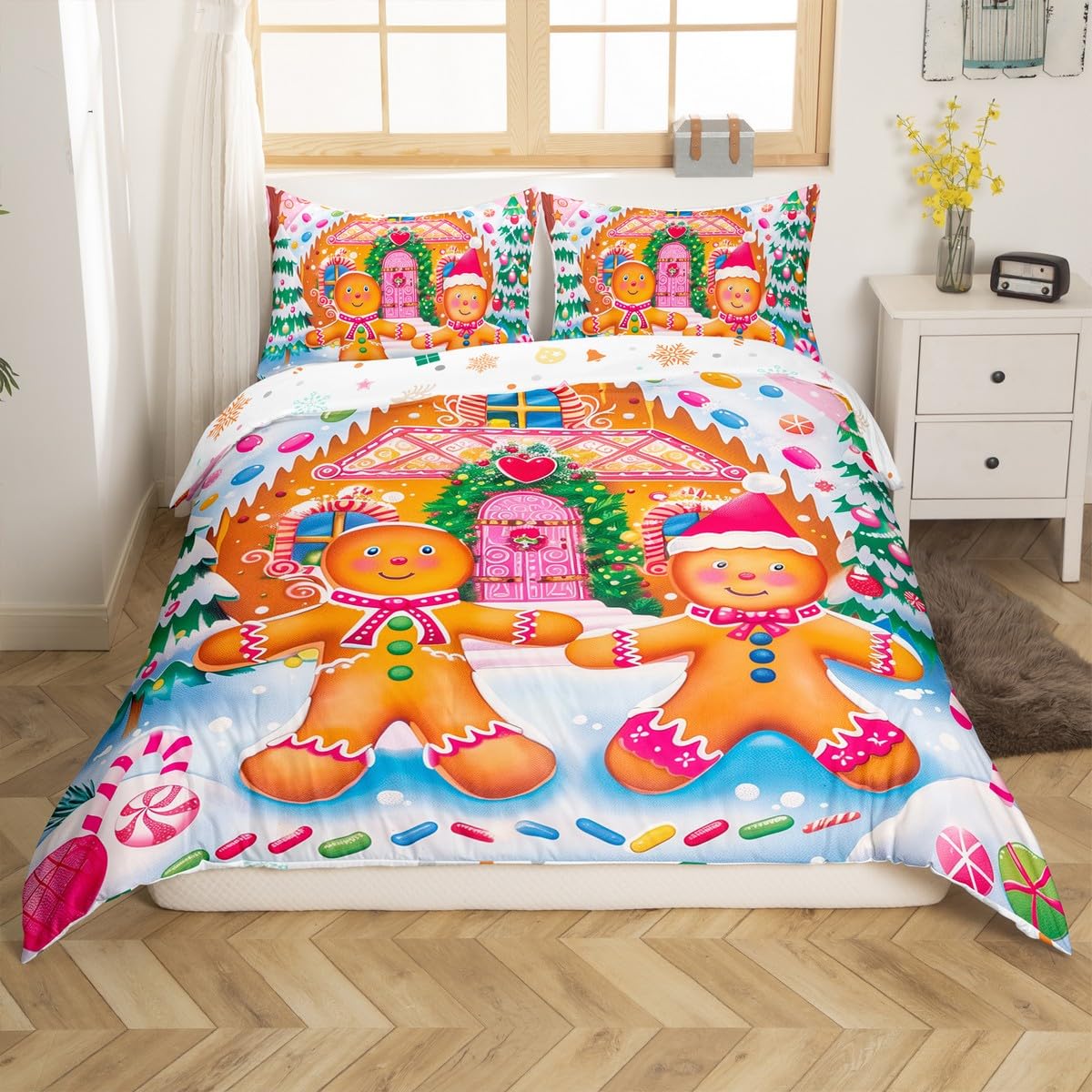 Feelyou Kids Pink Merry Christmas Bedding Set Full Size Xmas Gingerbread Man Comforter Cover Set for Boys Girls Candy Cane House Winter Duvet Cover Happy New Year Bedspread Cover (No Comforter)