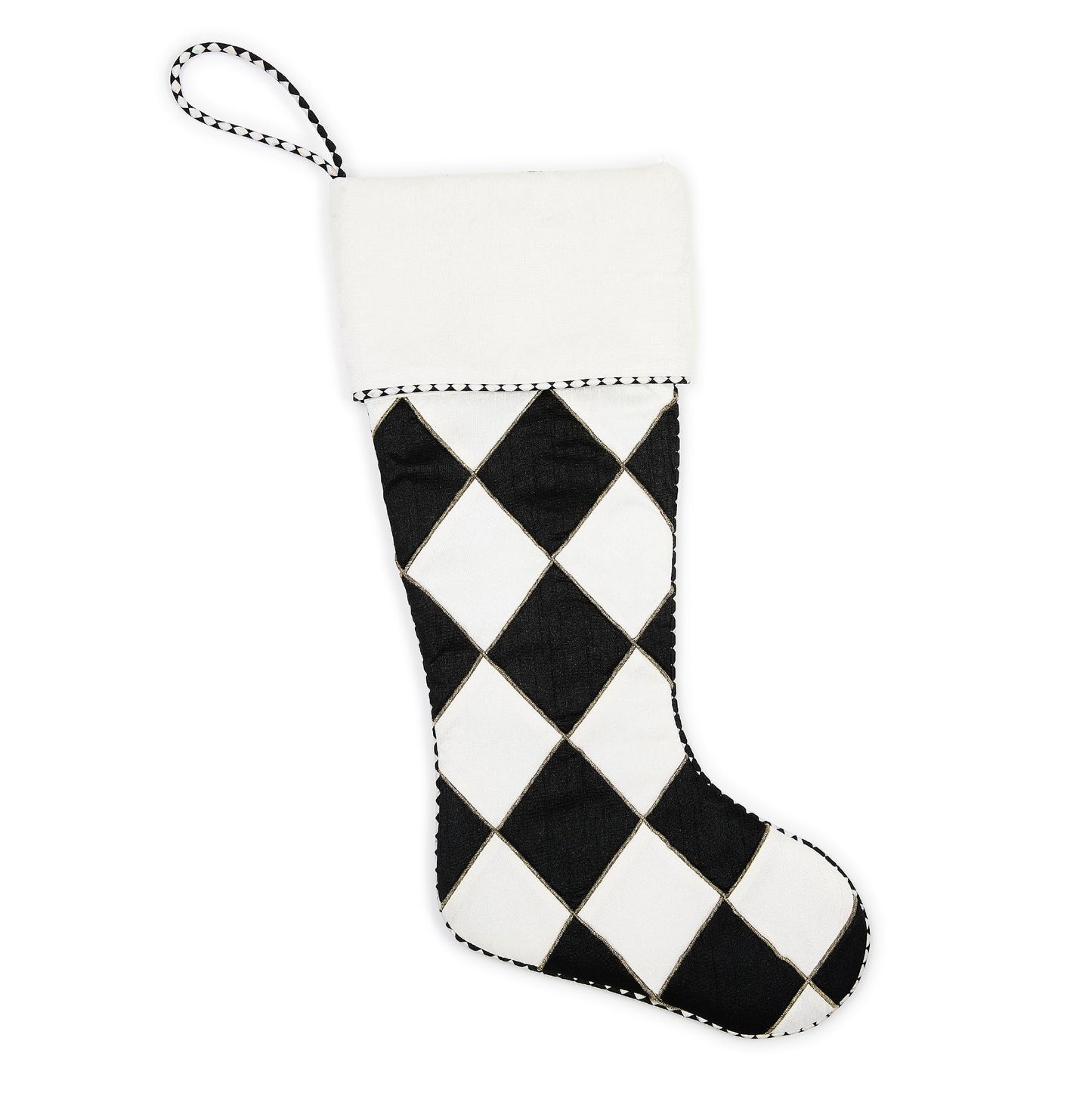 MACKENZIE-CHILDS Stocking, Decorative Polyester Holiday Stocking for Christmas, 7" x 20", Black-and-Off-White Courtly Noel Cream Harlequin