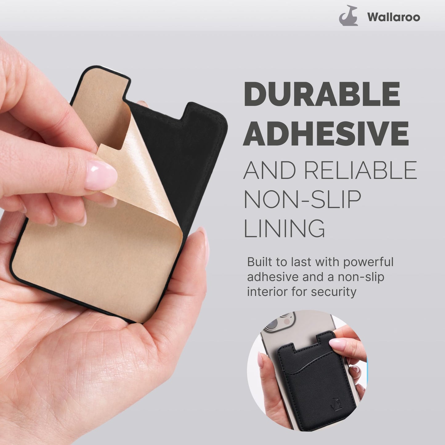 Wallaroo Premium Leather Cell Phone Wallet Stick On - Android and iPhone Wallet and Card Holder for Women and Men - Durable with Non-Slip Lining Secures Up to 3 Cards
