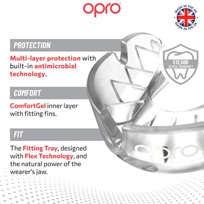 OPRO Silver Level Moldable Mouth Guard Essential Fit (Clear) Adult & Kids Boxing Mouthguard for MMA & Impact Sports, Easy Self-Fit Mouth Guard for Sports, Football & Hockey - Includes Case