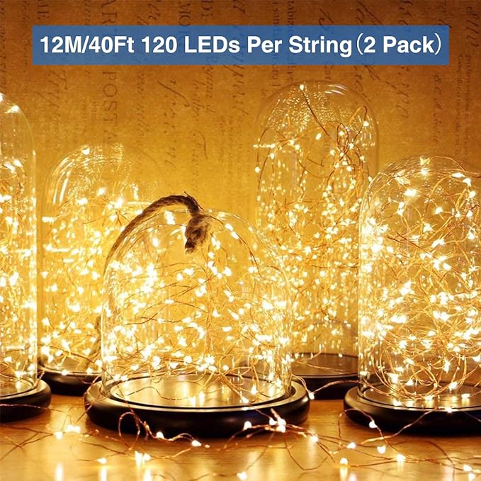 2 Pack Fairy Lights Battery Operated with Remote,Each 40FT 120 LED Copper Wire Twinkle Lights,Timer Waterproof Outdoor 8 Modes Starry String Lights for Party Wedding Christmas Decor(Warm White)