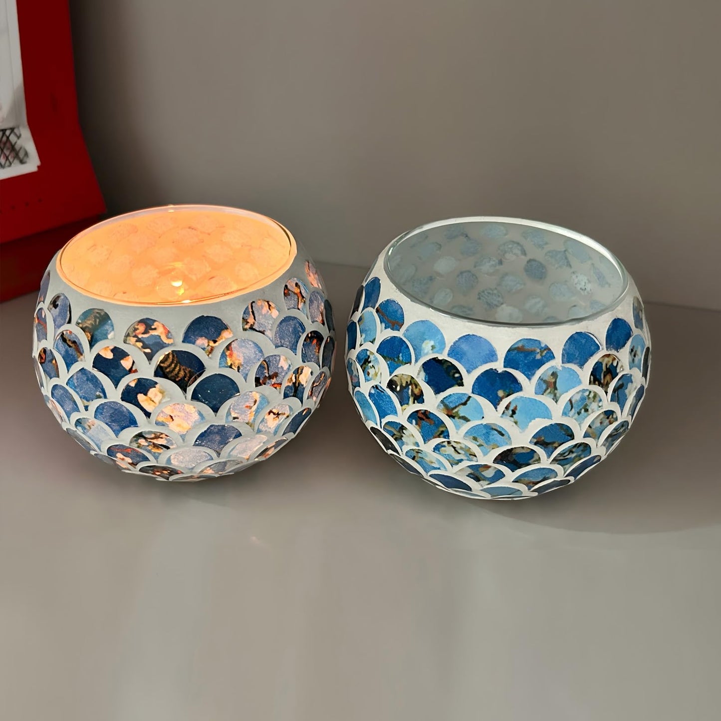 Mosaic Glass Tea Light Holders Romantic Stained Votive Candle Holder, MIATTCLD Round Handmade Tealight Candle Holder for Table Centerpieces, Christmas, Valentine, Birthday Party, Home Decor (L)