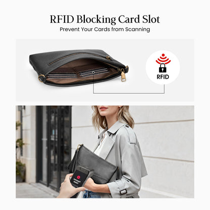 befen Genuine Leather Wristlet Wallets for Women Black Clutch Purse RFID Blocking Small Crossbody Bags Cell Phone Wallet Soft Leather Purse for Travel Women Shoulder Handbag with 2 Removable Straps