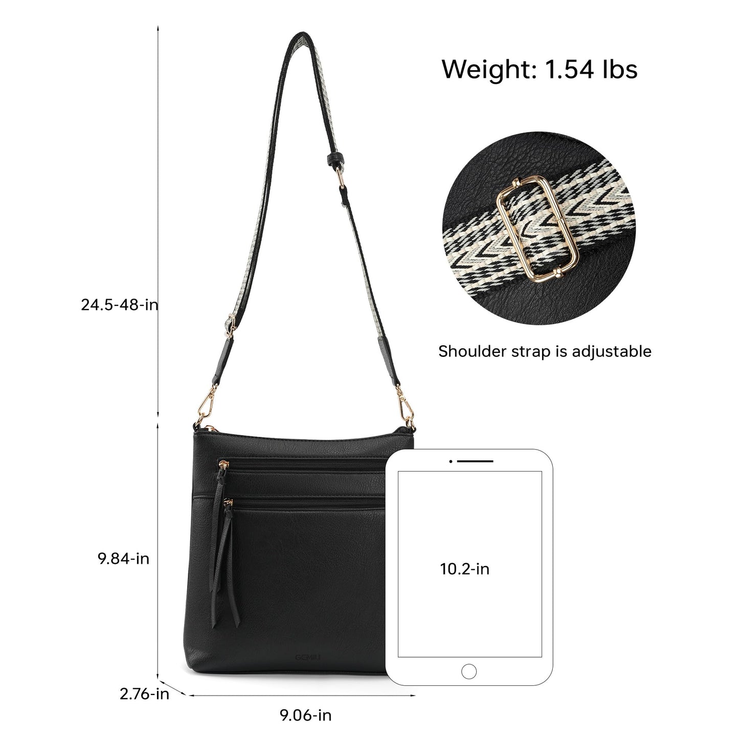 GEMIU Small Crossbody Bags for Women Travel Multi Pocket Crossbody Purse Women's Crossbody Handbags with Guitar Strap Black