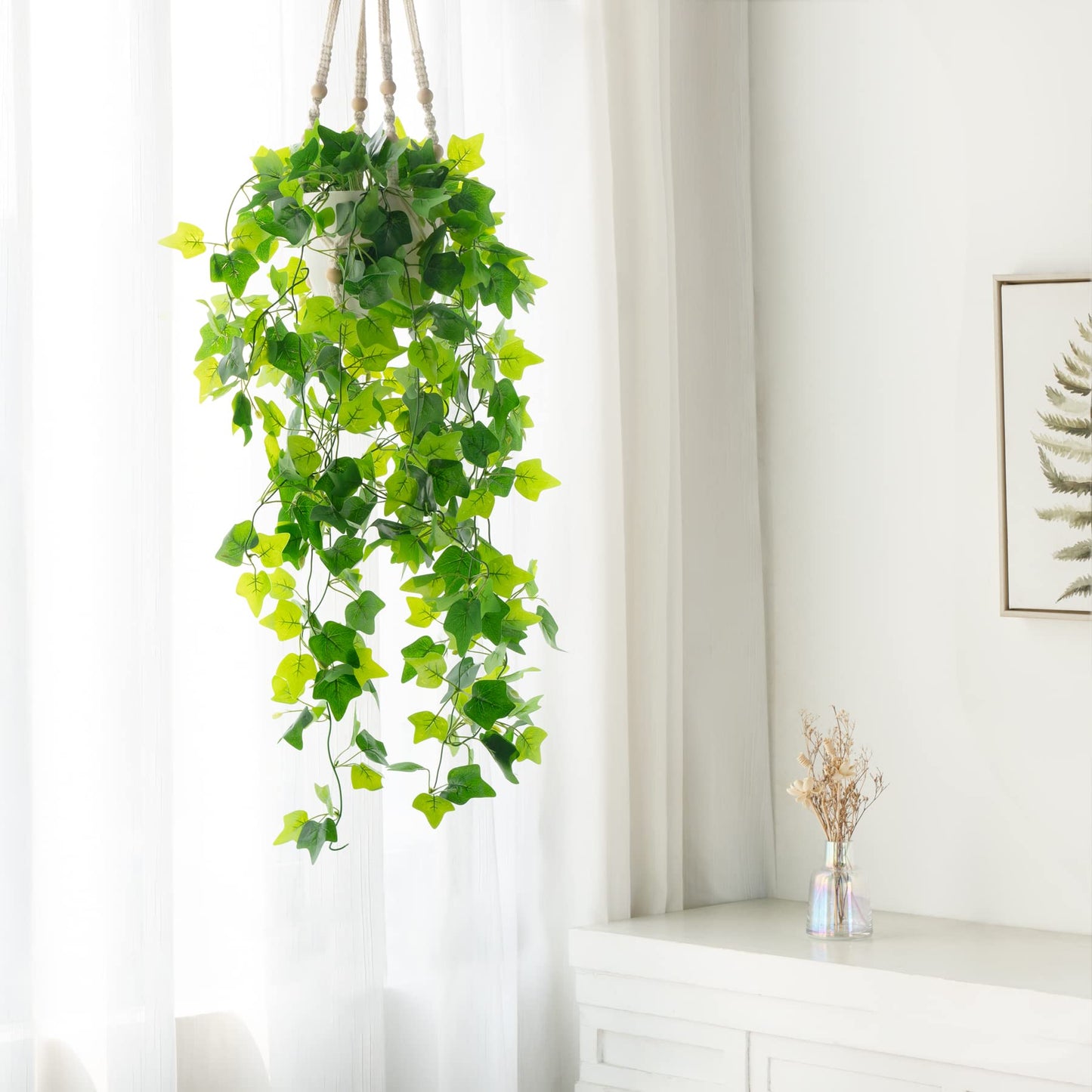 Dahey Fake Hanging Plants Artificial Decor Macrame Hanger with Artificial Vines in Pots Greenery for Wall Ceiling Bedroom Bathroom Indoor Home Decor, 1 Pack