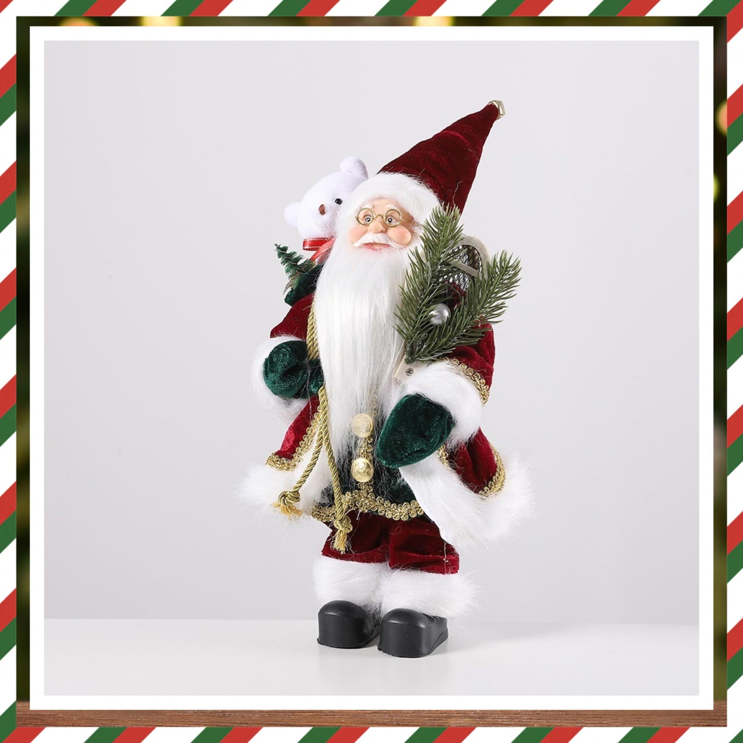 Enanal Santa Claus Figurine, 13inch Standing Christmas Santa Claus with Bear Sack and Pine for Christmas Indoor Home Decoration Xmas Gift Party Table Shelf Ornament