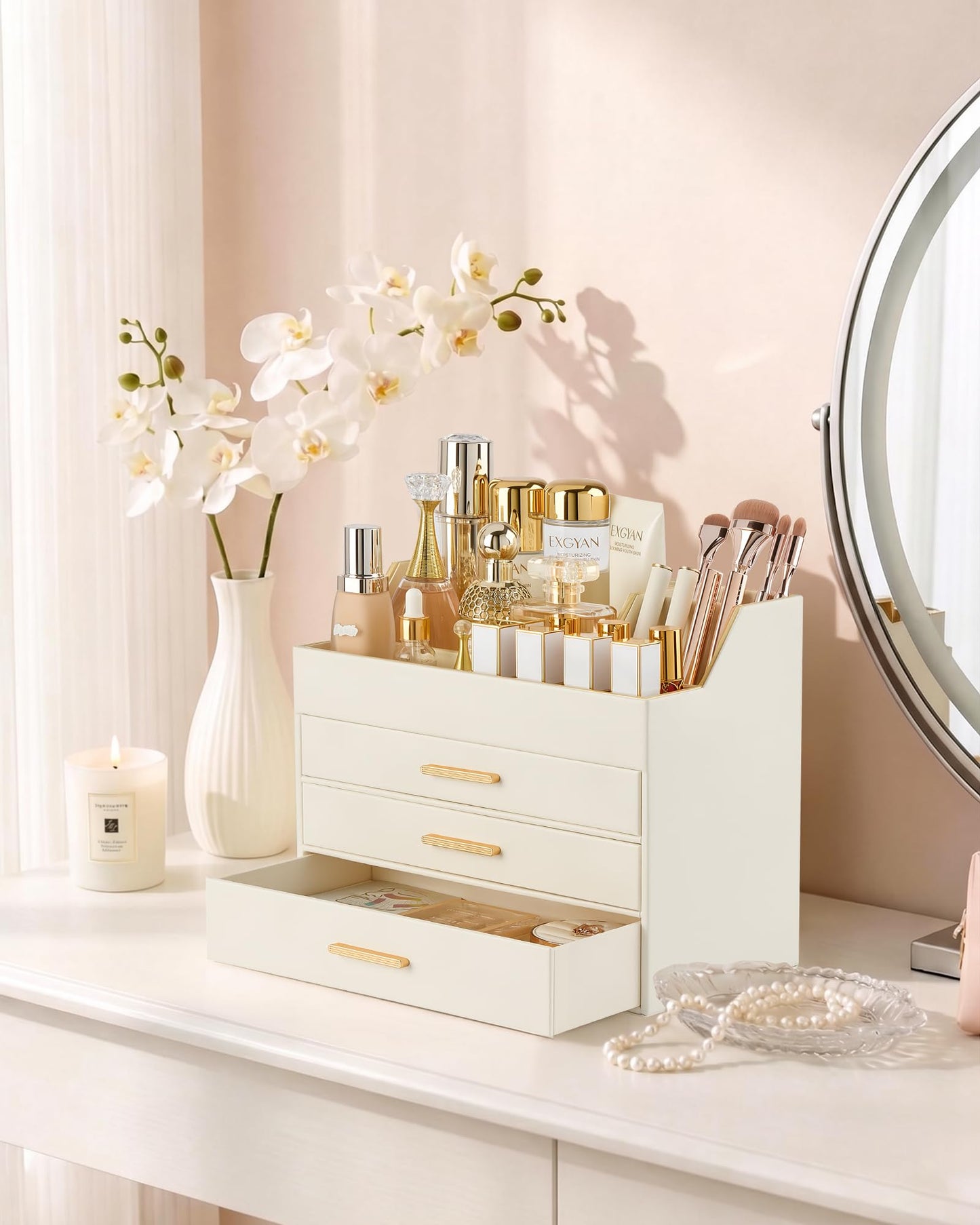 Lolalet Makeup Organizer for Vanity Desk, 4-Layer PU Leather Luxury Make Up Storage Cosmetics Holder Box with Drawers -Beige