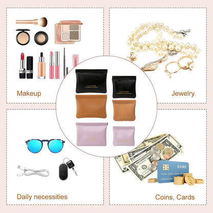 Frnoip 6 Pack small makeup bag for purse, snap closure leather organizer pouch,New lipstick pouch, portable mini storage bag,Two sizes Coin Purse Organizer Storage Pouch （Black+Brown+Purple