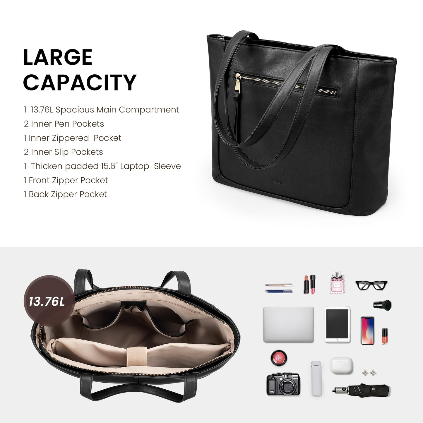 befen Genuine Leather Tote Bag for Women Work, Large Tote Bag with Zipper Real Leather Purse with 15.6" Compartment Womens Designer Shoulder And Handbags For Travel Everyday, Black