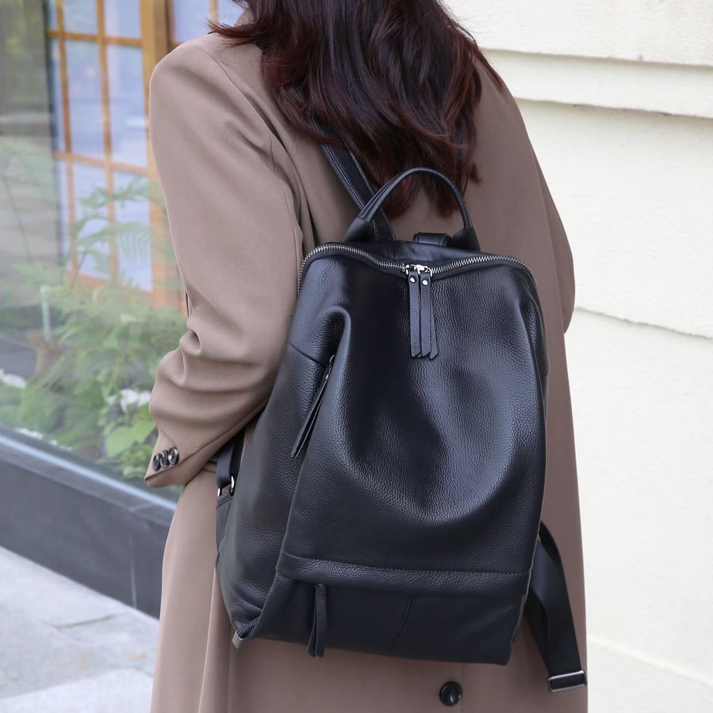 Wesccimo Genuine Leather Backpack Purse for Women, Fashion Designer Soft Backpack with Large Compartment Black