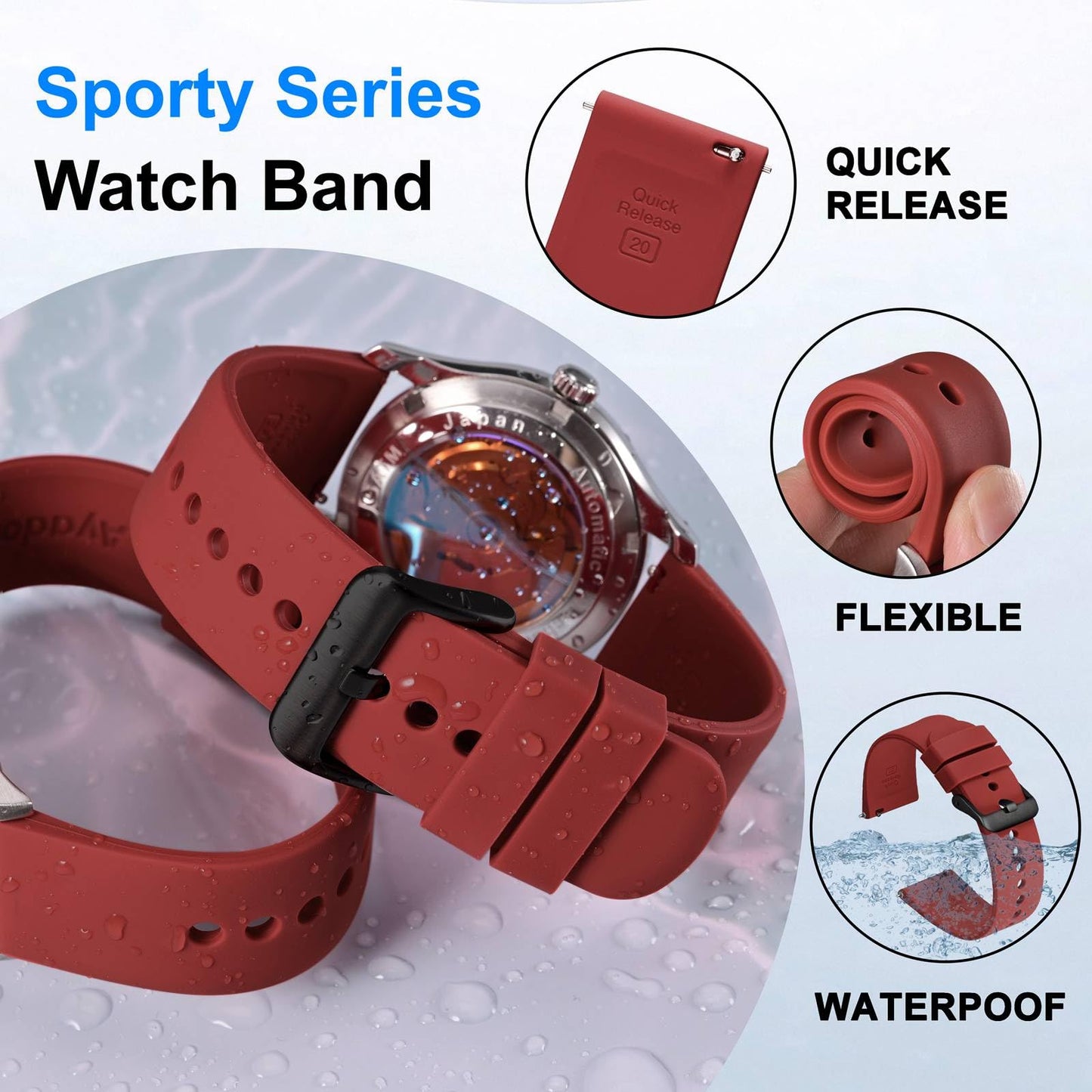Ayadoo 18mm Silicone Watch Band for Men Women, Sporty Series Rubber Watch Straps, Red with Black Buckle