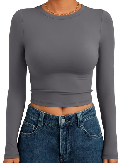 Trendy Queen Womens Long Sleeve Crop Tops Basic Slim Fitted Shirts Fashion 2025 Going Out Y2k Tops Teen Girl Clothes
