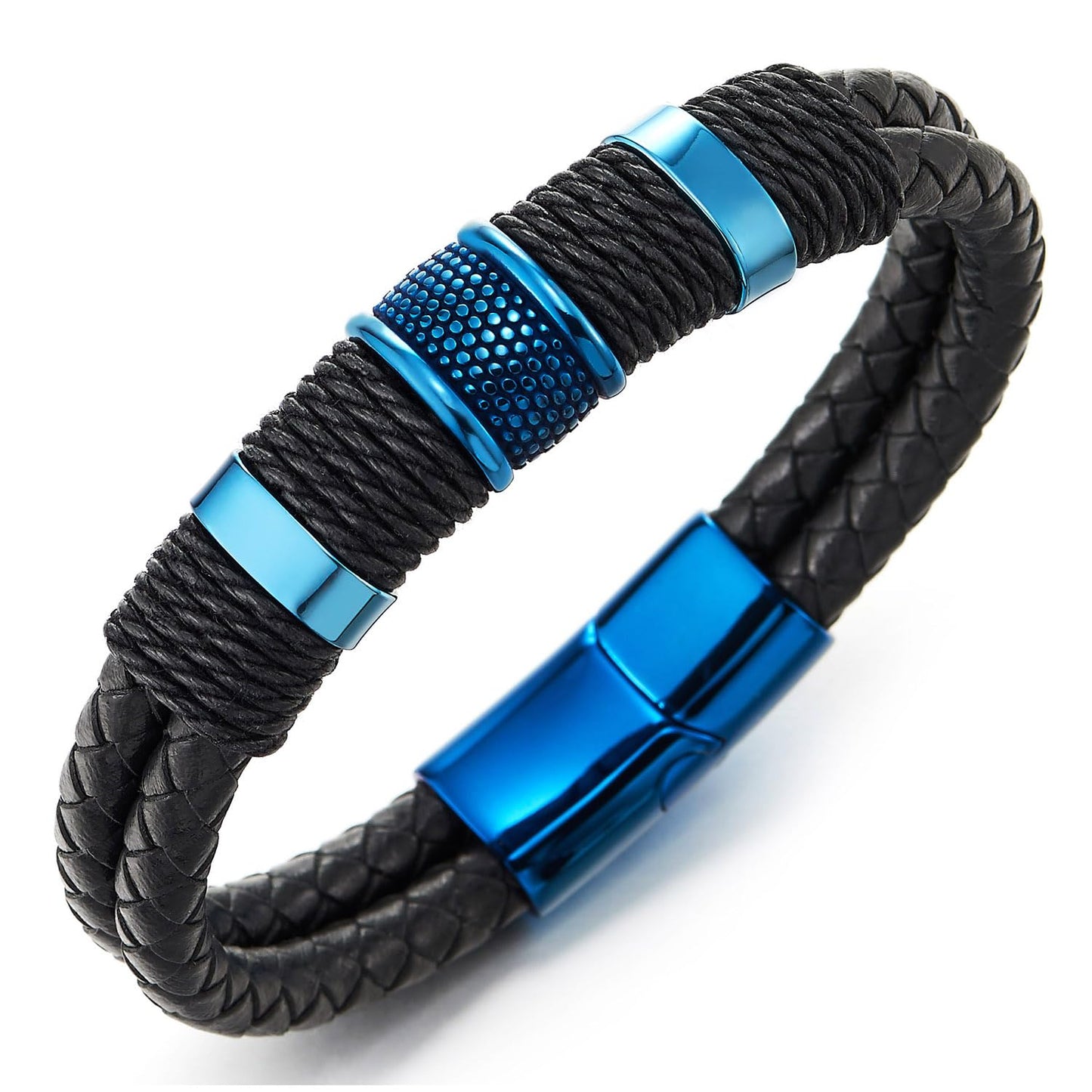 COOLSTEELANDBEYOND Men's Leather Bracelet, Black Braided Two-Row Band, Black Rope and Blue Steel Charms, Modern Stylish