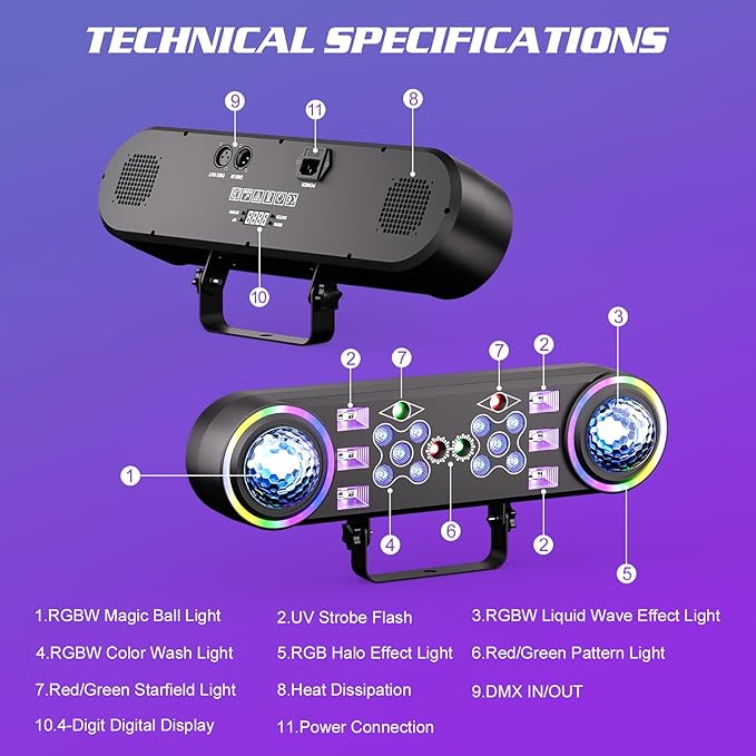 80W Dj Lights with Stand,7 in 1 Party Light Dj Disco Lights Sound Activated DMX Wireless Control with Rotating Ball,Strobe,UV,Colorful Effect for Stage KTV Band Wedding with Carry Bag (Black, 2)
