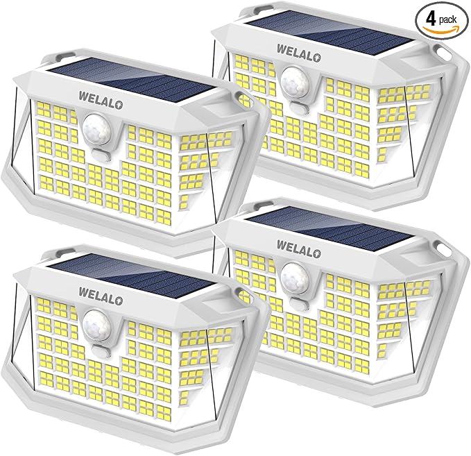 WELALO Solar Motion Sensor Lights Outdoor, [3 Modes/4 Pack/188 LED] 270° Wide Angle Lighting, Security Solar Powered Wall Lights, IP65 Waterproof Flood Lights for Fence Porch Yard Patio(White)