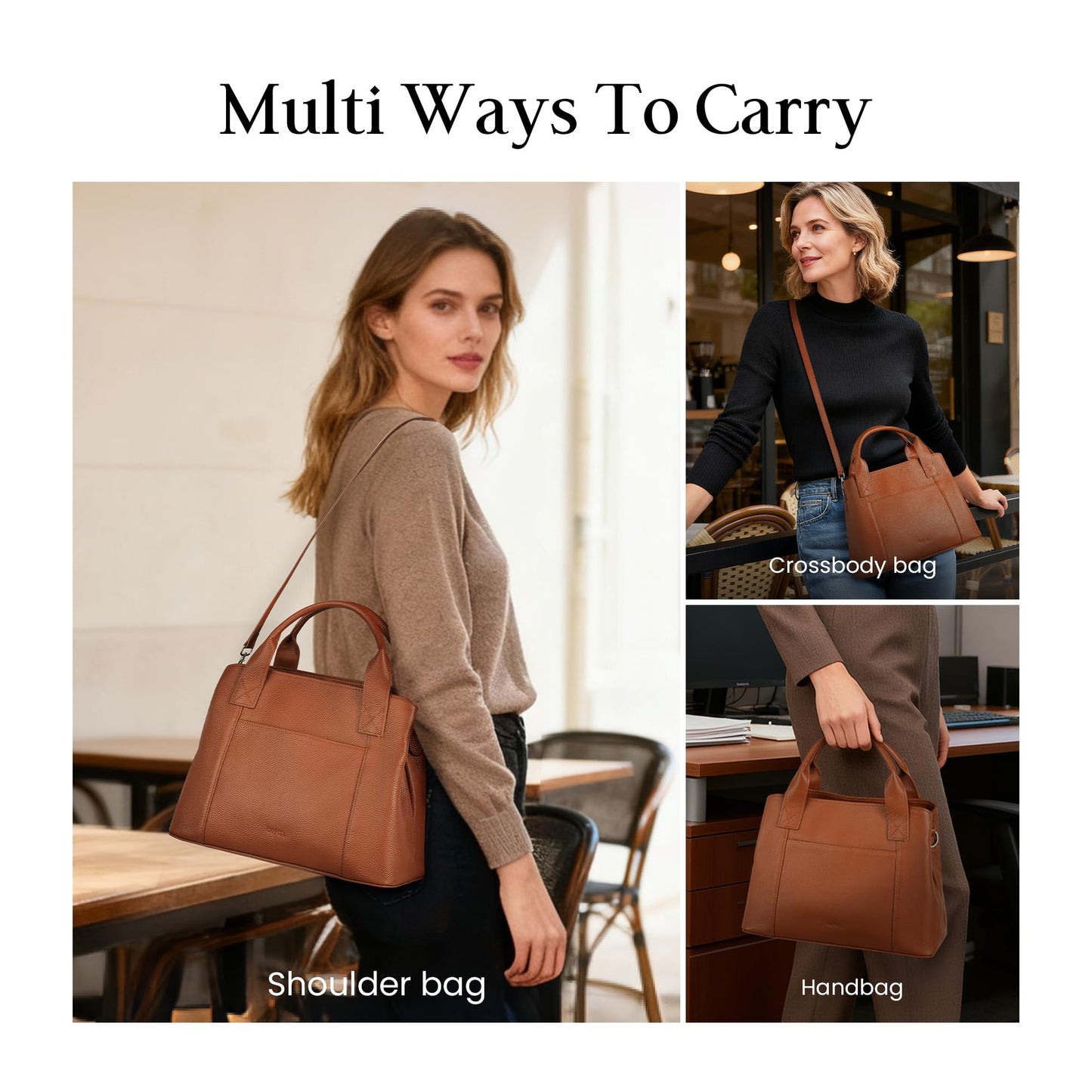 befen Womens Genuine Leather Purse and Handbags, Crossbody Shoulder Bags for Women, Small Satchel Tote Bag with Zipper Cognac Brown