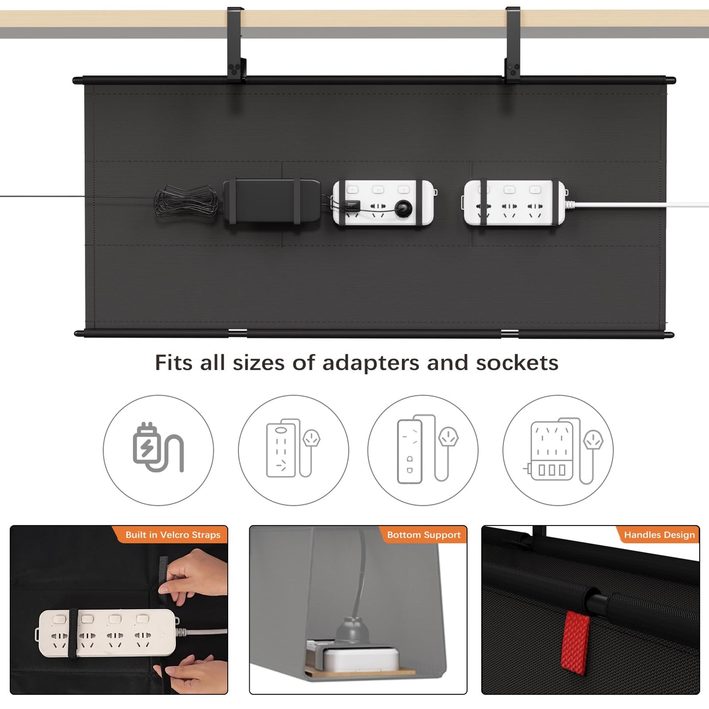 Under Desk Cable Management Tray - 36" Cord Organizer for Desk No Drill, Fabric Under Table Wire Organizer with 16X Cable Ties Hide for Office/Home, Cord Hider Fits Adapters & Sockets, Black