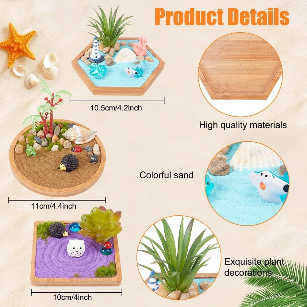 WEBEEDY Japanese Miniature Zen Garden Kit Miniature Ocean Beach Sandbox Decorations Mini Zen Garden Accessories for Christmas Home Office Desktop Decor Gift,Diameter 4/4.2/4.4"(10/10.5/11cm)