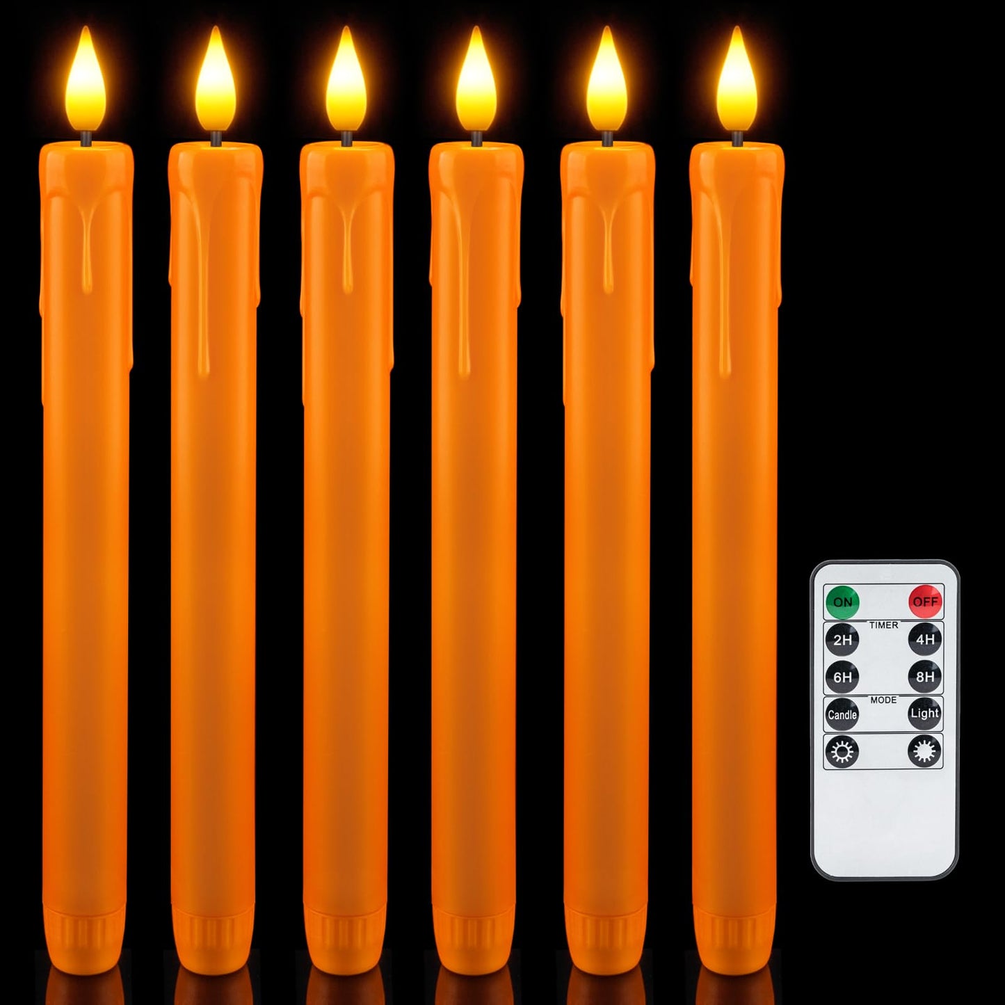 Homemory 6 Pcs Orange Flameless Taper Candles with Remote, Timer, Dimmer, Battery Operated CandleSticks with Flickering Light, Plastic Led Window Candles, for Halloween Decoration 9.6 Inches