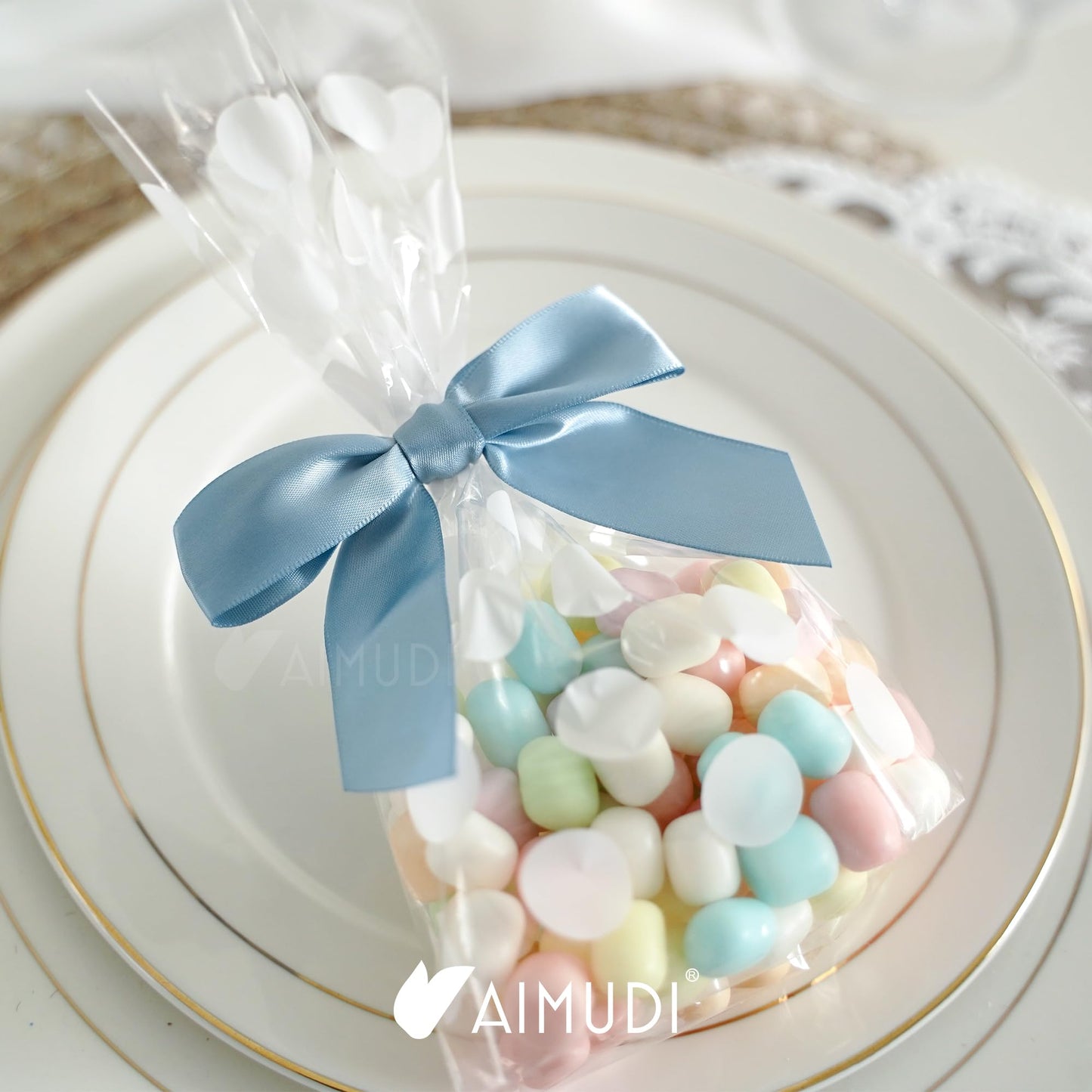 AIMUDI Dusty Blue Satin Ribbon Bows 3.5" Pre-Tied Twist Tie Bows for Treat Bags Gift Wrapping Cake Pop Goodie Bags Party Wedding Baby Shower Favor - 50 PCs