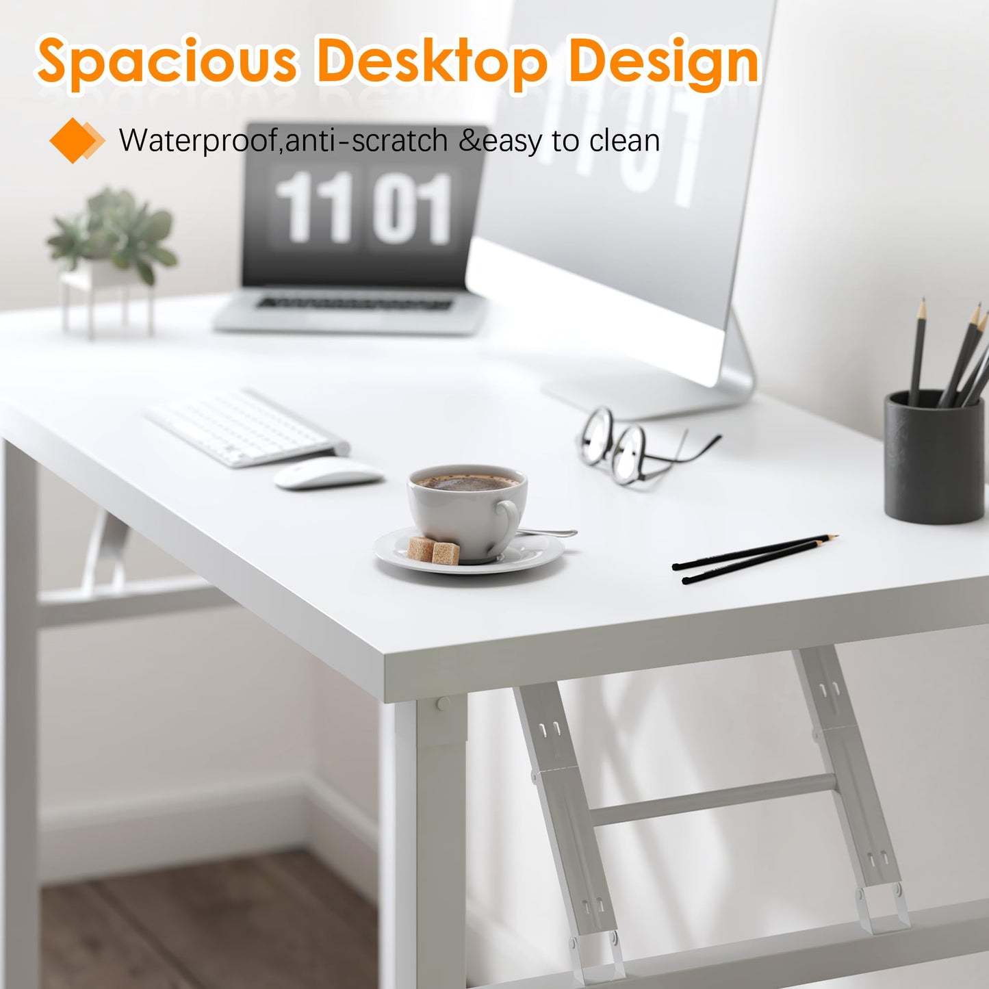 Need 31.5 Inch Folding Computer Desk for Small Spaces, White Study Foldable Writing Table for Home Office, Bedroom, Dorm Room & Student, No Assembly