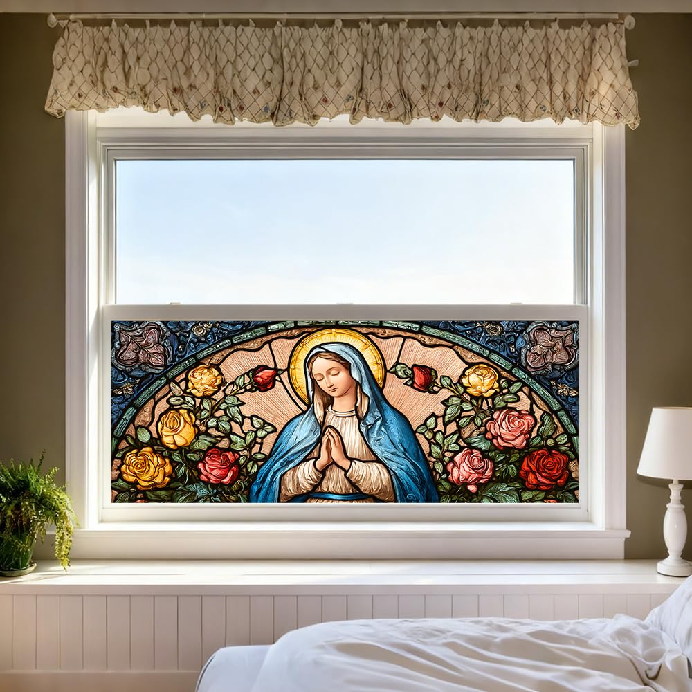 WDESYADMS Window Privacy Film 39x17 Inch Stained Glass Virgin Mary and Roses Design Peel and Stick Static Cling Decorative Window Film for Living Room Bedroom Glass Door